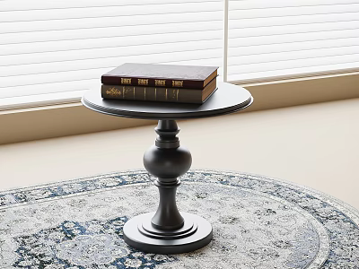 Dark Wooden Side Table With Books On Circular Patterned Rug By Window With Natural Light 3d model