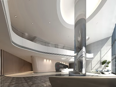 Modern Service Hall Interior Featuring Spacious Multilevel Structure Curved Design And Glass Elements 3d model