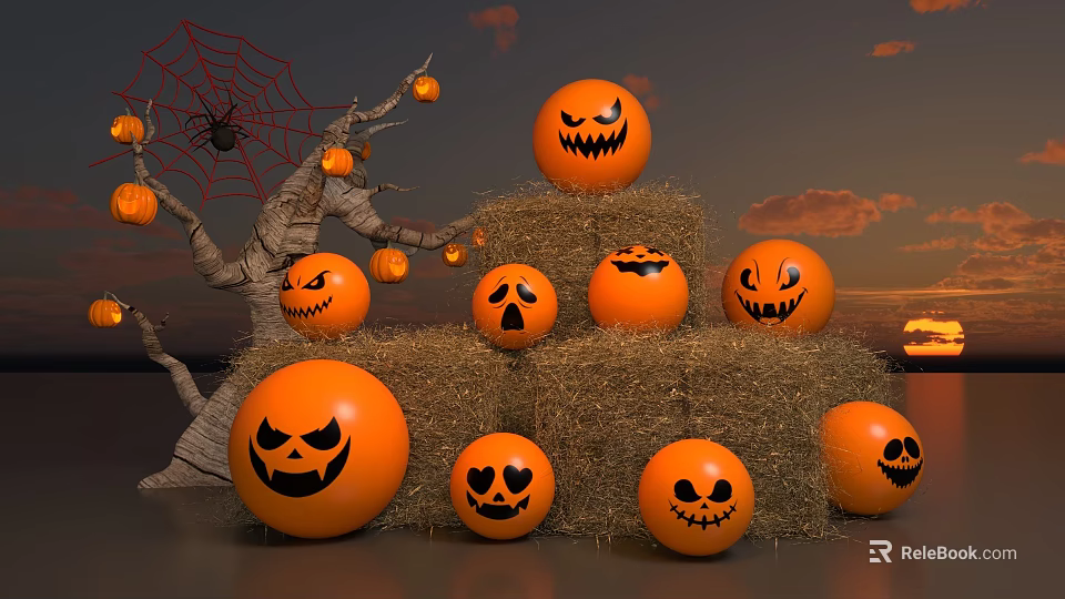 Spooky Halloween Decorations Featuring Pumpkin Lanterns On Hay Bales And Spider Web 3d model 