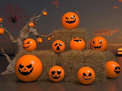 Spooky Halloween Decorations Featuring Pumpkin Lanterns On Hay Bales And Spider Web 3d model