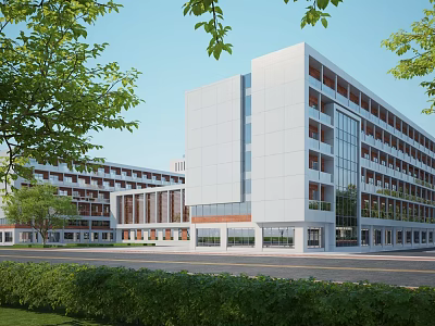 Modern Multi story Campus Teaching Building With Green Trees And Wide Road 3d model