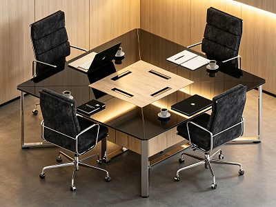 Modern Conference Table With Black Glass Top Wooden Panel And Four Office Chairs 3d model