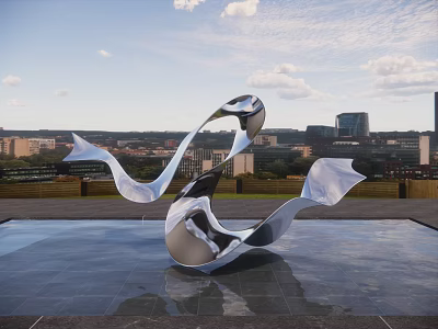 Stainless Steel Landscape Sculpture With Flowing Ribbon In Water Pool Under Blue Sky And Clouds 3d model