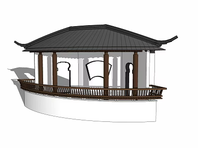 Traditional Wooden Outdoor Roofed Pavilion Design with Columns and Railings 3d model