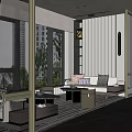 Elegant Modern Luxury Sales Office Interior Featuring Large Windows Sofa And Bookshelf Decorations