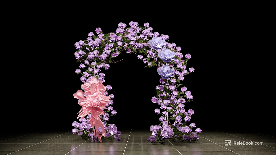 Event Entrance Floral Arch With Purple Pink Flowers And Pink Decorative Element On Tile Floor 3d model 