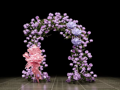 Event Entrance Floral Arch With Purple Pink Flowers And Pink Decorative Element On Tile Floor 3d model