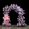 Event Entrance Floral Arch With Purple Pink Flowers And Pink Decorative Element On Tile Floor