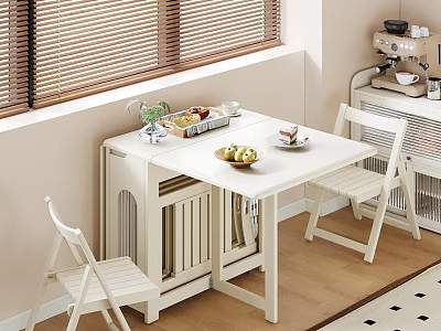 White Dining Table And Chairs Set By Window With Blinds Fruit Plate And Coffee Machine 3d model