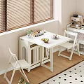 White Dining Table And Chairs Set By Window With Blinds Fruit Plate And Coffee Machine 3d model