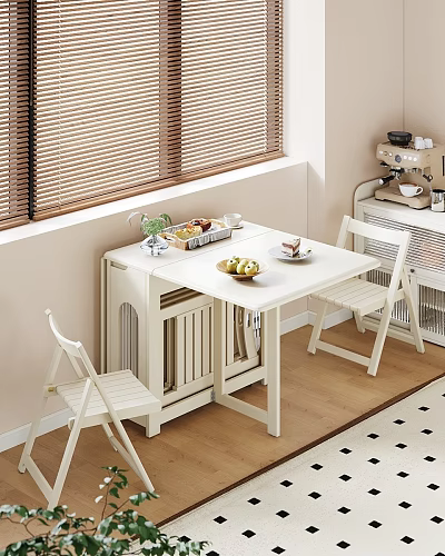 White Dining Table And Chairs Set By Window With Blinds Fruit Plate And Coffee Machine 3d model