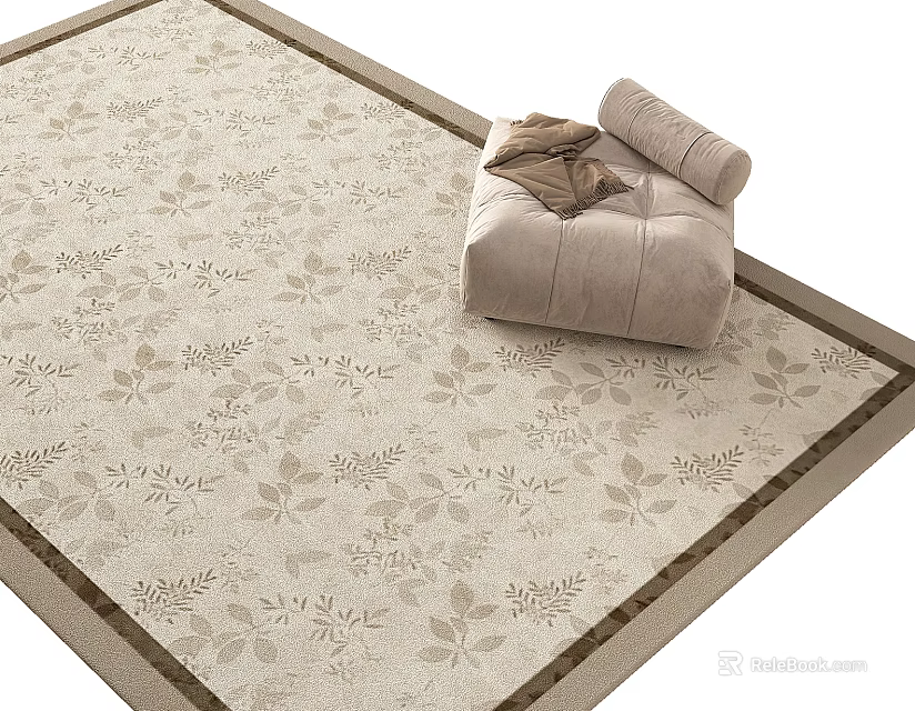 Beige Square Area Rug With Leaf Vine Pattern Brown Border And Beige Cushion 3d model 