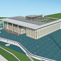 Modern Sales Office Building With Glass Curtain Walls Green Roof And Landscape Water Features Lighting