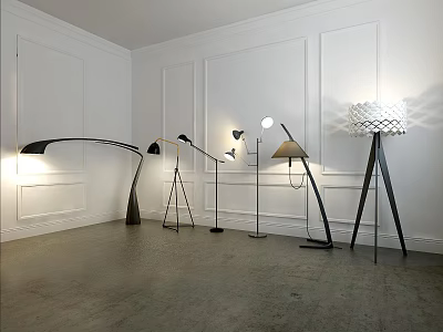 Stylish Floor Lamps With Modern Stands And Unique Shades In White Wall Room 3d model