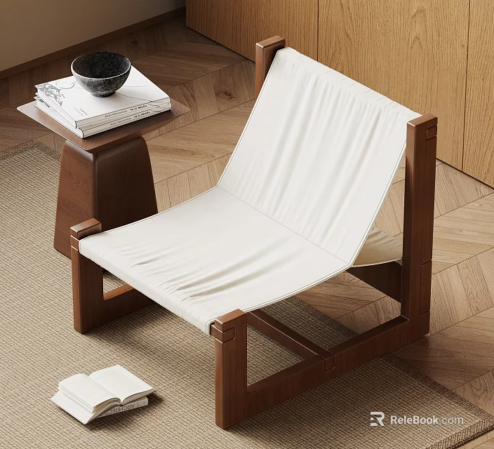 Modern Wooden Frame Accent Chair with White Upholstery Side Table and Books on Wooden Floor 3d model 