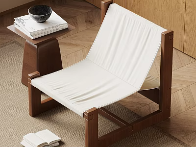 Modern Wooden Frame Accent Chair with White Upholstery Side Table and Books on Wooden Floor 3d model