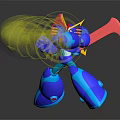 Blue Robot Character With Red Wings Yellow Horns Holding Transparent Container With Glowing Biological Substance