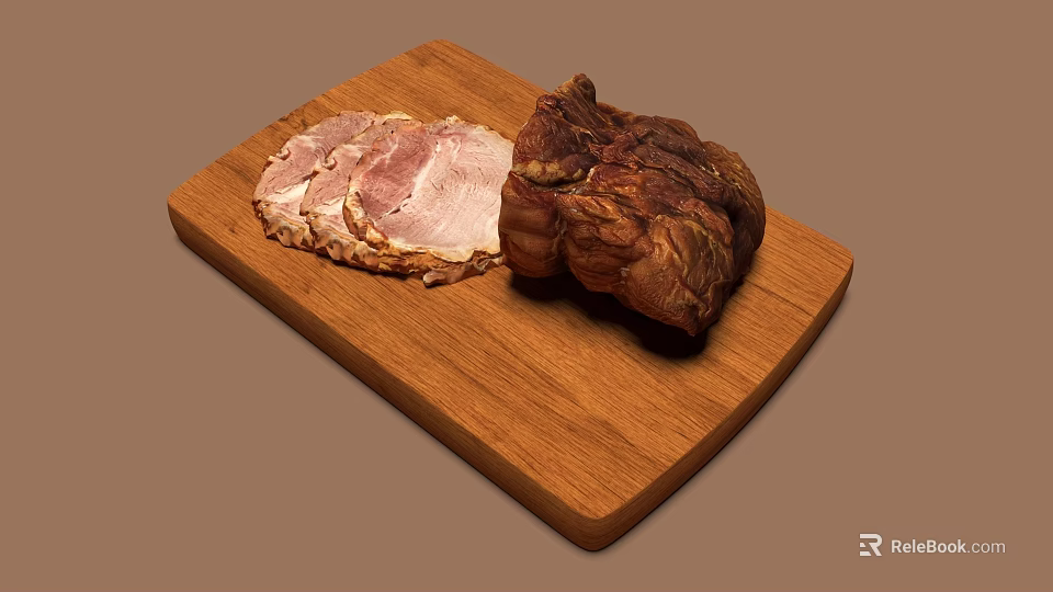 Delicious Sliced and Whole Roasted Ham on Wooden Cutting Board 3d model 