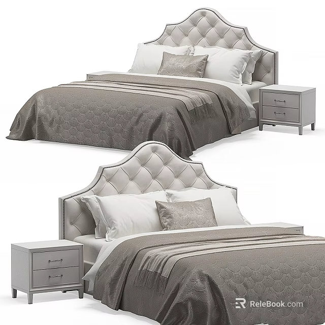 Modern Double Bed With Tufted Headboard Gray Bedding And Nightstand Drawers 3d model
