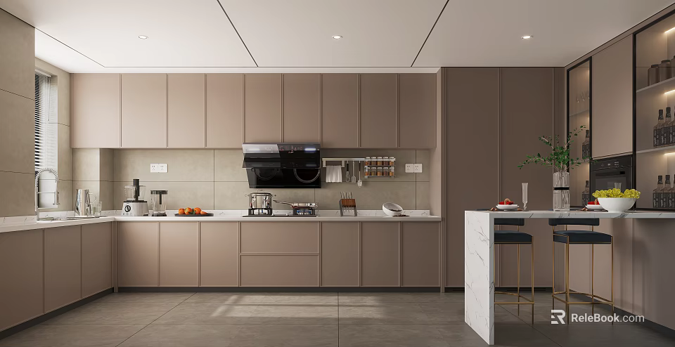 Modern Kitchen Interior Featuring Sleek Integrated Cabinets Island Counter And Bar Stools 3d model
