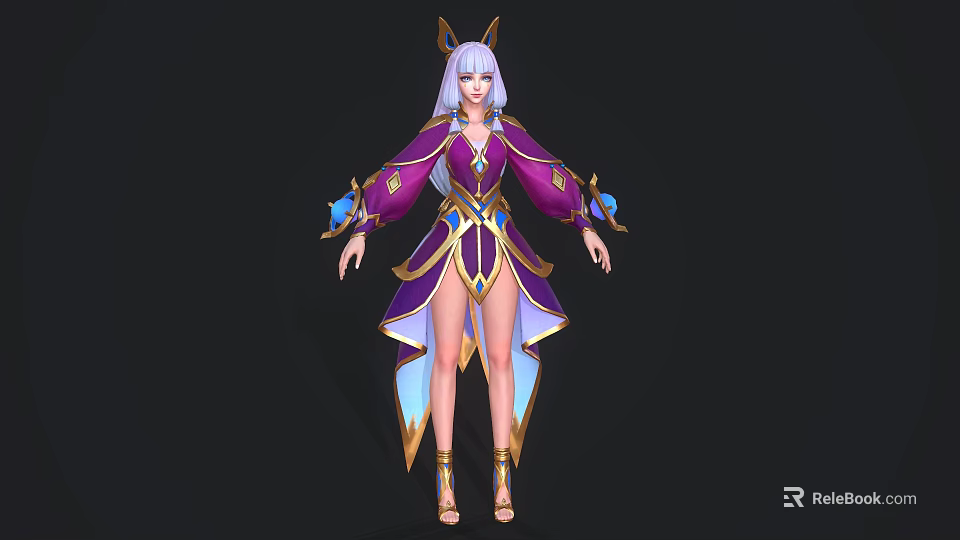 Game Movie Character With White Long Hair Purple Gold Outfit Horns Blue Decorations Flowing Skirt 3d model 