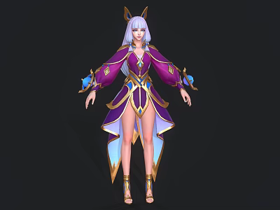 Game Movie Character With White Long Hair Purple Gold Outfit Horns Blue Decorations Flowing Skirt 3d model