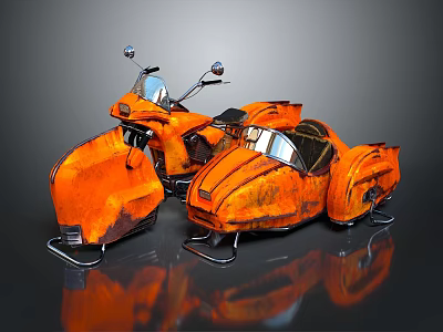 Vintage Orange Motorcycle With Sidecar And Weathered Texture On Reflective Gray Surface 3d model
