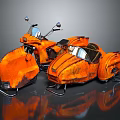 Vintage Orange Motorcycle With Sidecar And Weathered Texture On Reflective Gray Surface