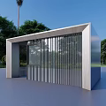 Modern Open Pavilion With Glass Walls Metal Frames Green Trees And Blue Sky Over Lawn