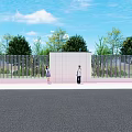 Modern Outdoor Landscape Wall With Vertical Slats Green Trees And Red Walkway