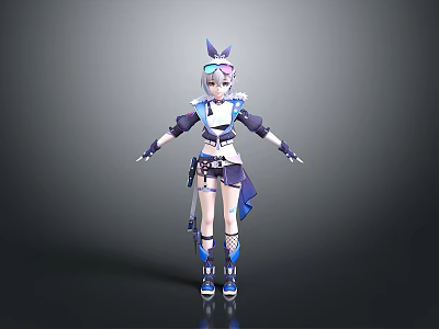 Game and Movie Character With White Hair Rabbit Ear Headwear Blue White Outfit Mechanical Elements 3d model