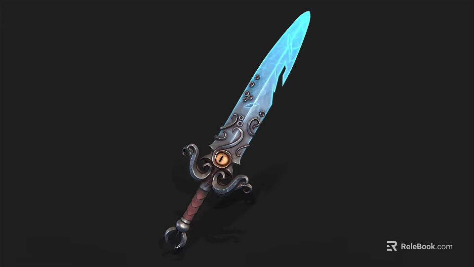 Fantasy Decorative Sword With Blue Glowing Blade Ornate Hilt And Intricate Patterns Design 3d model 