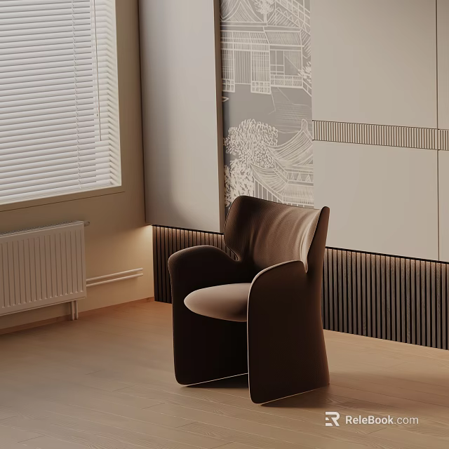 Modern Brown Upholstered Dining Chair In Room With Blinds Decorative Wall And Wooden Floor 3d model 