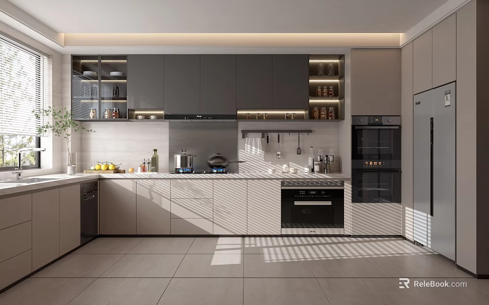 Modern Kitchen Interior Design With Gray White Cabinets Island Counter And Appliances 3d model 