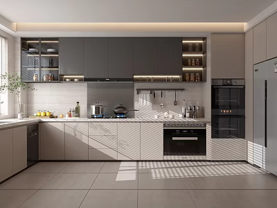 Modern Kitchen Interior Design With Gray White Cabinets Island Counter And Appliances 3d model