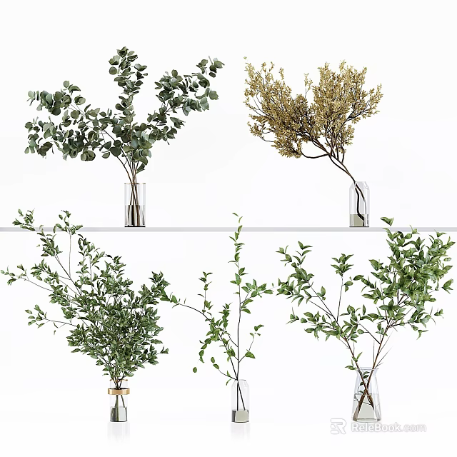 Assorted Vase Flowers With Green Eucalyptus Golden Branches And Various Green Foliage In Glass Vases 3d model 