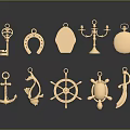 Golden Fashion Accessories Collection Including Key Horseshoe Anchor Ship Wheel And Decorative Pendants