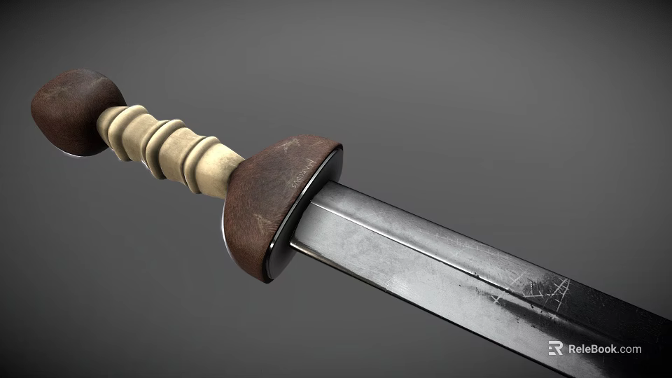 Detailed Sword Weapon With Wooden Hilt And Shiny Metal Blade Close Up View 3d model 