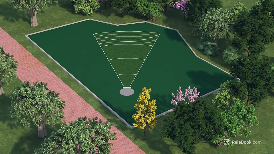 Outdoor Sports Fitness Green Field With Marked Training Zone Surrounded By Trees And Brick Path 3d model