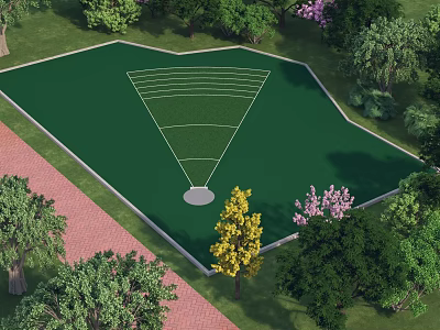 Outdoor Sports Fitness Green Field With Marked Training Zone Surrounded By Trees And Brick Path 3d model