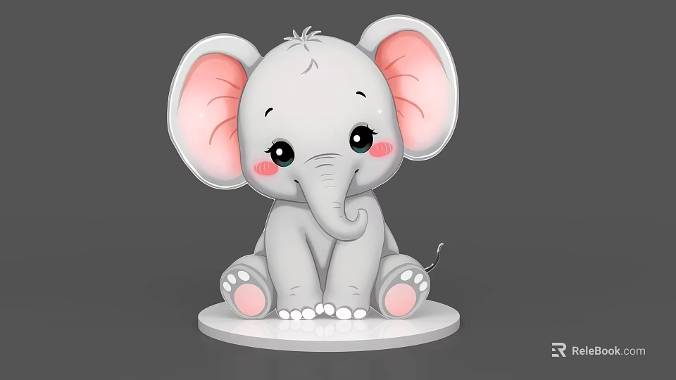 Cute Gray Cartoon Elephant With Big Pink Ears Blush And Curled Trunk On White Base 3d model 
