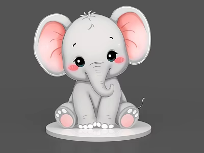 Cute Gray Cartoon Elephant With Big Pink Ears Blush And Curled Trunk On White Base 3d model