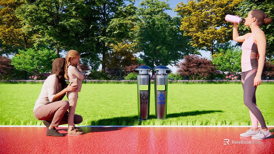 Outdoor Trash Bins With Green Grass Trees And Adult Child Nearby 3d model 