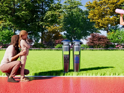 Outdoor Trash Bins With Green Grass Trees And Adult Child Nearby 3d model