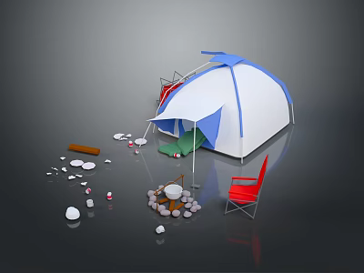 Red Folding Camping Chairs With Tent And Campfire Setup For Outdoor Use 3d model