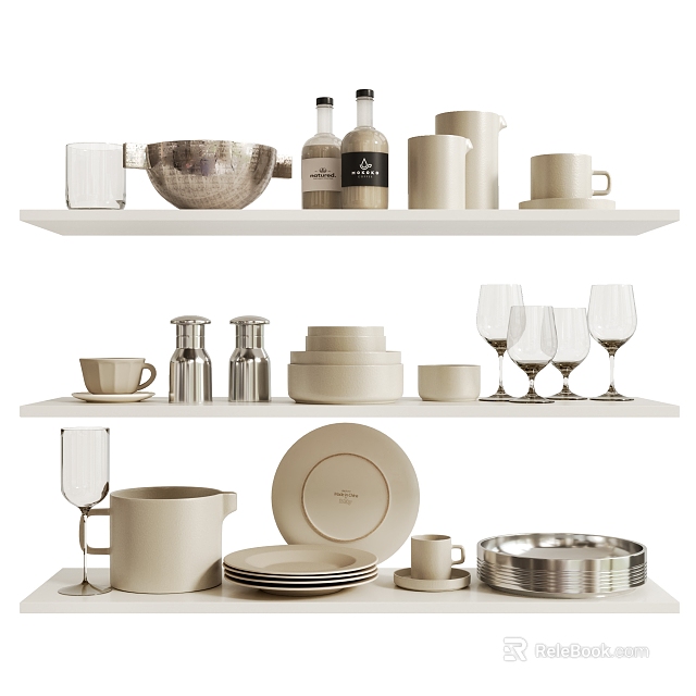 Minimalist Modern Tableware Set Displayed On Shelves 3d model 