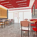 Red Restaurant Interior With Red Ceiling Gray Walls Wooden Elements Tables Chairs Counter Display Cabinet