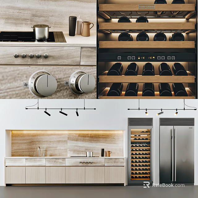 Modern Kitchen Interior With Stylish Cabinets Wine Storage And Wooden Countertops 3d model 