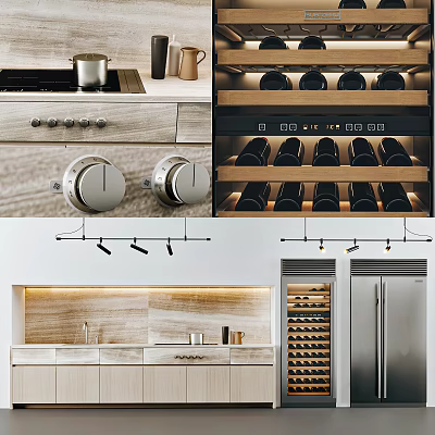 Modern Kitchen Interior With Stylish Cabinets Wine Storage And Wooden Countertops 3d model
