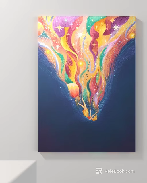 Vibrant Colorful Abstract Artwork With Flowing Colors Stars And Dark Background 3d model 